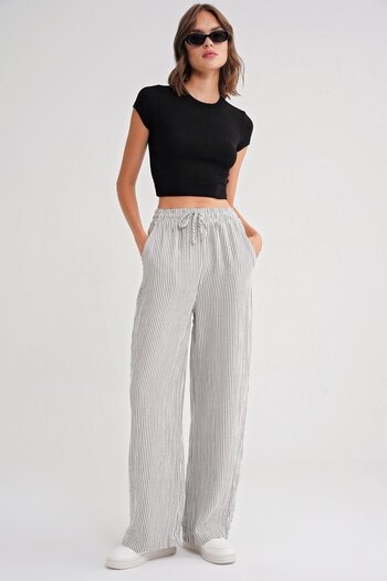 Mixray 4729 Women's Thin Striped Palazzo Loose Fit Muslin Pants Black