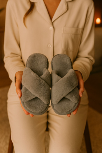 Beyond Women's Gray Cross Strap Furry House Slippers Byndcap01
