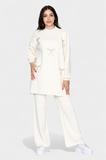 NEWCO Chic Ribbon Stone Embroidered Women's Double Knitwear Suit Loose Fit Long Sleeves and Comfortable Pants