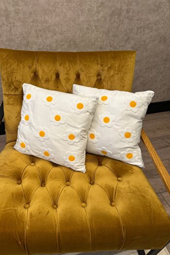 SİMEREV HALI HOME CONSEPT Punch Embroidered 2 Pieces Cream Fabric Yellow White Woven Throw Pillow Case Modern Bohemian Pattern Case