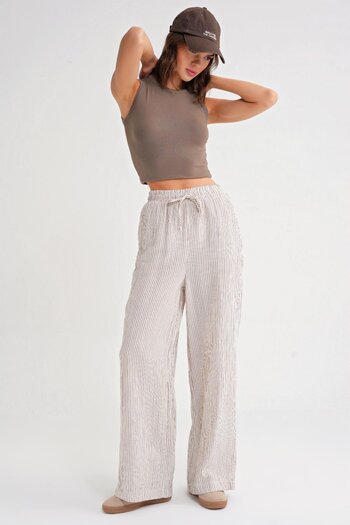 Mixray 4729 Women's Thin Striped Palazzo Loose Fit Muslin Pants Brown