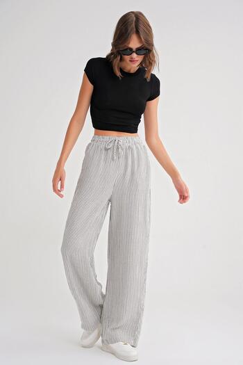 Mixray 4729 Women's Thin Striped Palazzo Loose Fit Muslin Pants Black