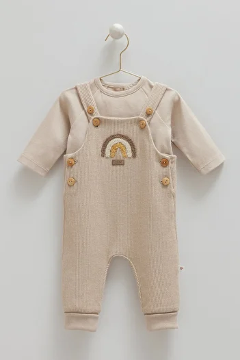 Caramell 01-12 Months Knitted Cotton Lined Soft Salopet - Stone