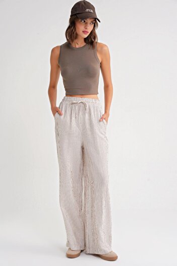 Mixray 4729 Women's Thin Striped Palazzo Loose Fit Muslin Pants Brown