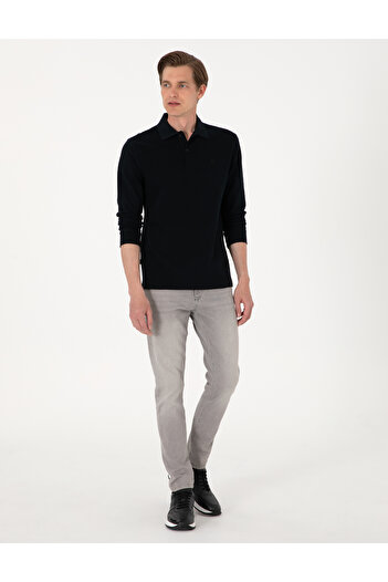 Pierre Cardin Siyah Slim Fit Kıvrılmaz Polo Yaka Basic Pike Sweatshirt 50314048-VR046