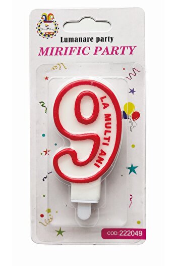 SDX Market Cake candle, number 9, white with red border