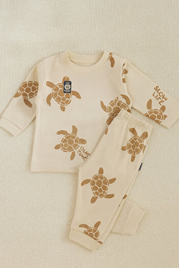 Uğur bebe 100% Cotton Beige Turtle Patterned Baby Pajama Set – 6 Months 24Months, Comfortable and Stylish Home Wear