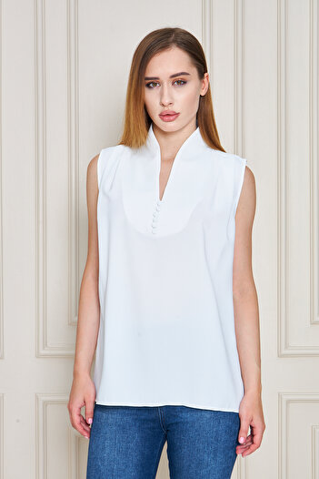 UNIQUE LADY Women's Stylish Button Detailed Sleeveless Blouse - Office & Casual Combination