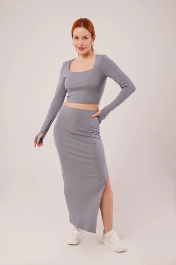 eryvon Square Collar Blouse and Slit Detailed Skirt Double Gray Set