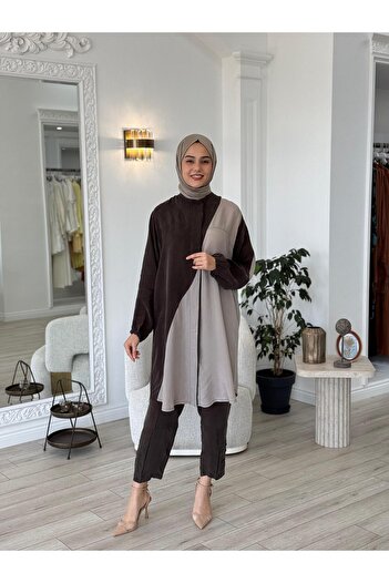 MissWhence İki Renkli Gömlek Taş-Kahve 37315