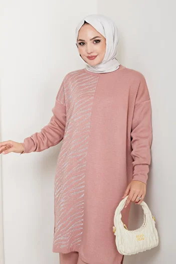 BisuModa Σετ τουνίκ με παντελόνι πλεκτό με ασημί σχέδιο ζέβρας
