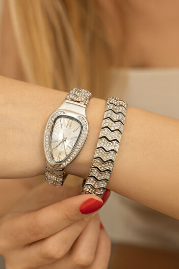 LOOQ Zircon Stone Detailed Snake Model Women's Wristwatch