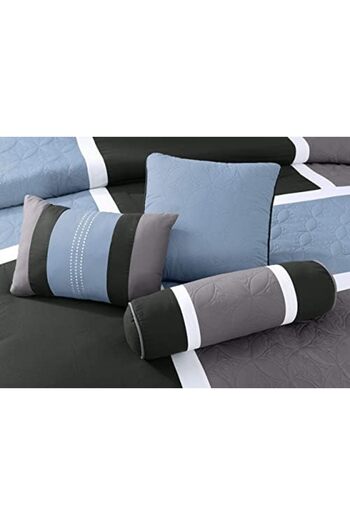 STOREMAX Sellbuyst Collection Upland 7 Piece Quilted Patchwork Comforter Set, Gray/Light Blue/Charcoal, Queen
