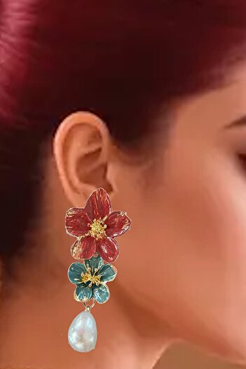 CAŞ DEKORASYON Gold Color Flower Pearl Earrings (Pair)