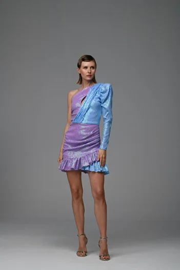 Gira Lilac Blue One Shoulder Sequined Dress