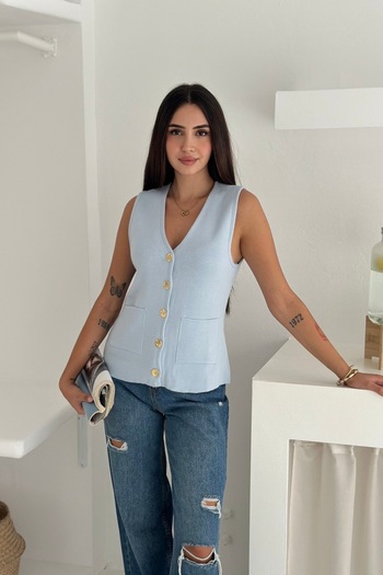 Noi Belis Basic V-Neck Pocket Detailed Knitwear Vest Aw25Yl0002