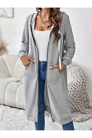 KİM Kİ O Women's Two Thread Gray Zipper Long Cardigan,Sweat