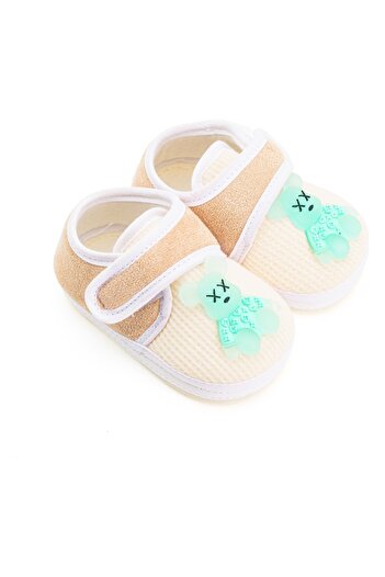 Mixbo Baby Shoes Style Booties with Velcro, Non-Slip Rubber Sole, Green Bear Toy, 14 EU, Beige
