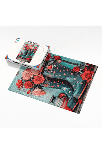 Soi Craft 1000 Parça Puzzle Kırmızı ve Pembe Güller Puantiyeli Mavi Çizme Vazoda