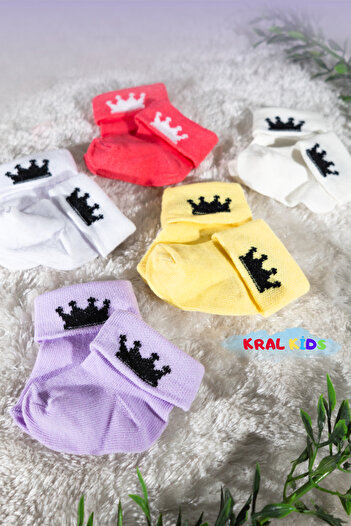 KRAL SOCKS Baby Girl Socks Set 5 Pairs – Crown Patterned – Boxed – Booties Size – Cotton