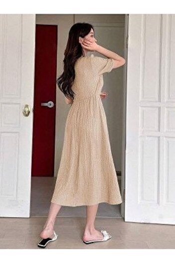 LC Waikiki Beige Wrinkled Detail Short Sleeve Midi Dress