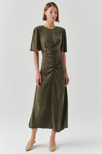 Exquise Short Sleeve Jacquard Leopard Slim Fit Midi Khaki Dress
