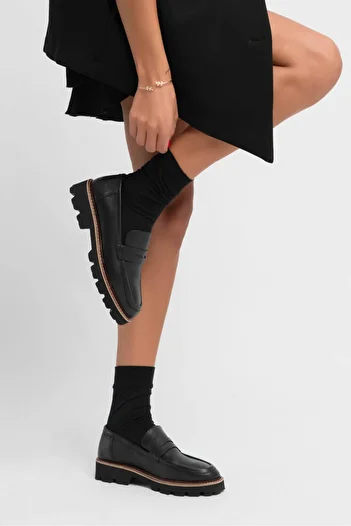 NİŞANTAŞI SHOES Voltran Чорні справжні матові товсті підошви жіночі лофери