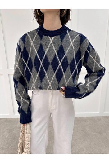 NZL TEKSTİL Dgn's Yumoş Yarn Complete Baklava Patterned Circle Neck Women's Knitwear Sweater