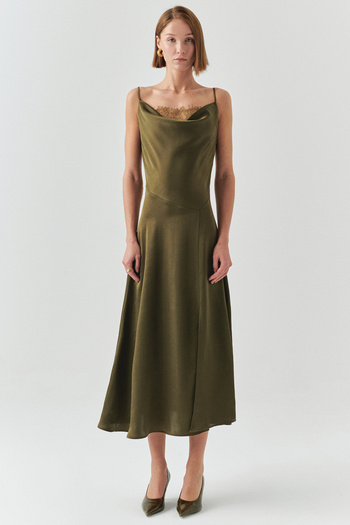 Exquise Regular Satin Midi Khaki Dress with Lace Detail and Straps
