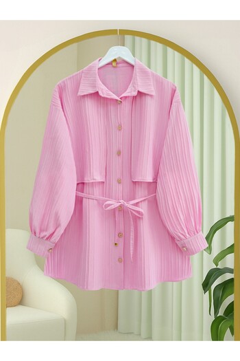 Modamorfo Belted Bolero Detailed Stoned Buttoned Shirt - Pink