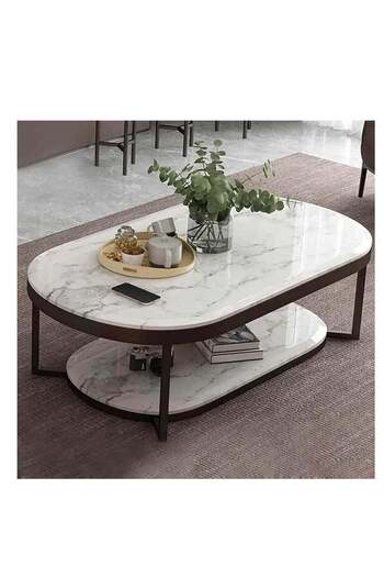 Generic Marble Wooden and Iron Coffee Table - Black and White - 120×70×50 cm