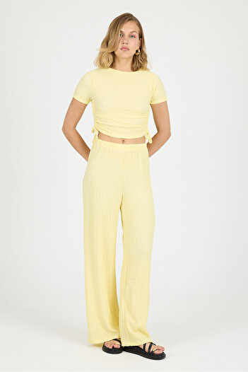 COMBİNE MİCHAİL Women's Crop Blouse Wide Leg Trousers Yellow Set