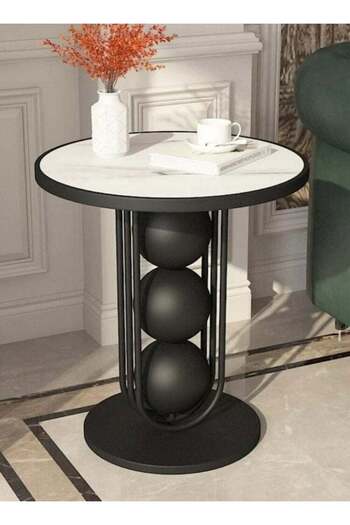 Generic Side Table - Marble Wood and Metal Black & White - 50×60 cm