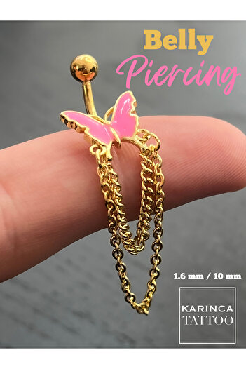 Karınca Piercing Pembe Kelebek Zincir Sallantılı Göbek Piercing Pink Belly Piercing
