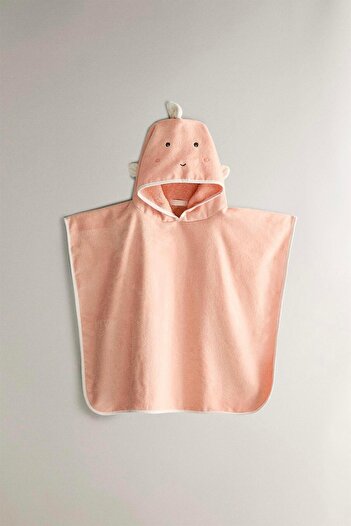 Magu Cotton Salmon Hooded Children's Poncho Towel - Cute Face Pattern