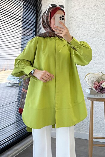 MELEK ARAZ Premium Tie-Up Poplin Tunic with Sleeves - Green