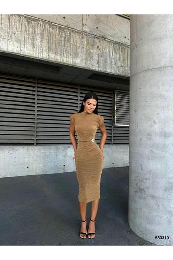 Modafeminen Flowers Half Turtleneck Brooch Detailed Midi Evening Dress 583310 Gold