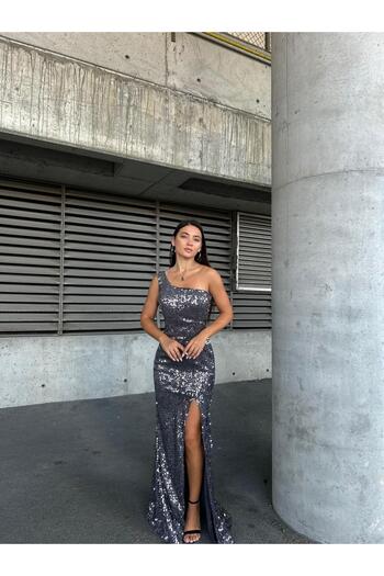 SELİN MODA EVİ Trend Velvet Slit Dress Gray 583150
