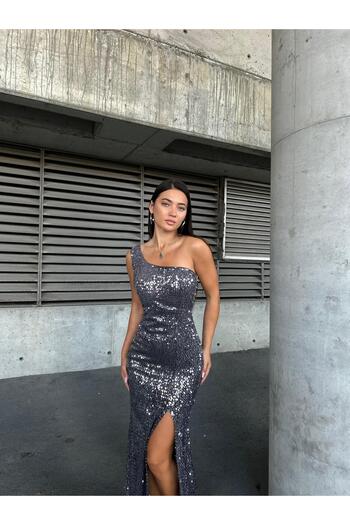 SELİN MODA EVİ Trend Velvet Slit Dress Gray 583150