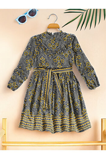 Bella Moda By Styli Grey All Over Print Dress with Tie Belt