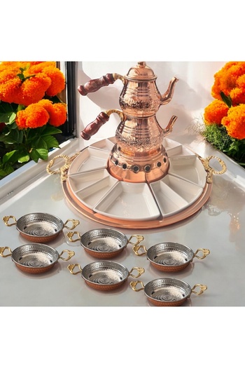 BARITCIOGLU Large Size Copper Teapot Sahan Pan Breakfast Set for 6 People with Presentation Tray