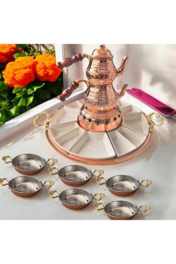 BARITCIOGLU Large Size Copper Teapot Sahan Pan Breakfast Set for 6 People with Presentation Tray