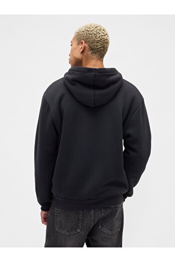 GAP Erkek Siyah Relaxed Logo Sherpa Astarlı Fermuarlı Sweatshirt