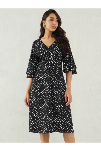 Styli Black Polka Dot Print Flared Sleeves A-Line Midi Dress with Knotted Front