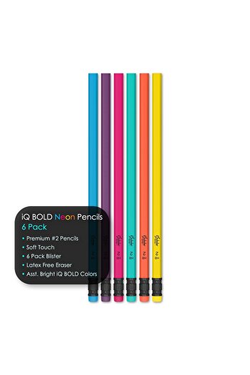 ischolar iQ BOLD 6 Pack Neon #2 Pencils Blister Soft Touch