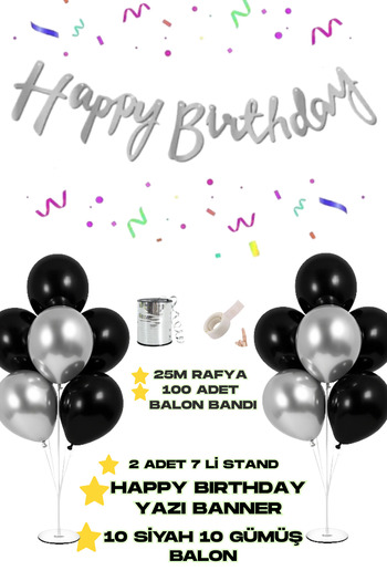 Baloncu Nene Happy Birthday Text Banner 2 Pieces of 7 Balloon Stand 10 Pieces of Silver 10 Pieces of Black Balloon Birthday Ornament
