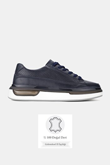 TUNAELLİ Men's Navy Blue Khaki Natural Leather Sneaker Lace up Shoes