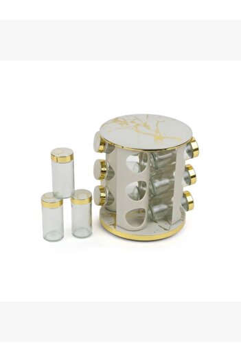 rexa 16-piece glass spice jar set with rotating plastic stand, beige gray