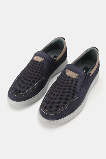 TUNAELLİ Men's Dark Blue Nubuck Khaki Natural Leather Orthopedic Loafer Shoes