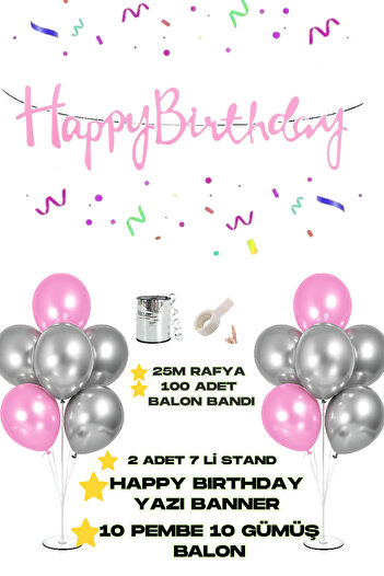 Baloncu Nene Happy Birthday Text Banner 2 Pieces of 7 Balloon Stand 10 Pieces of Silver 10 Pieces of Penbe Balloon Birthday Ornament
